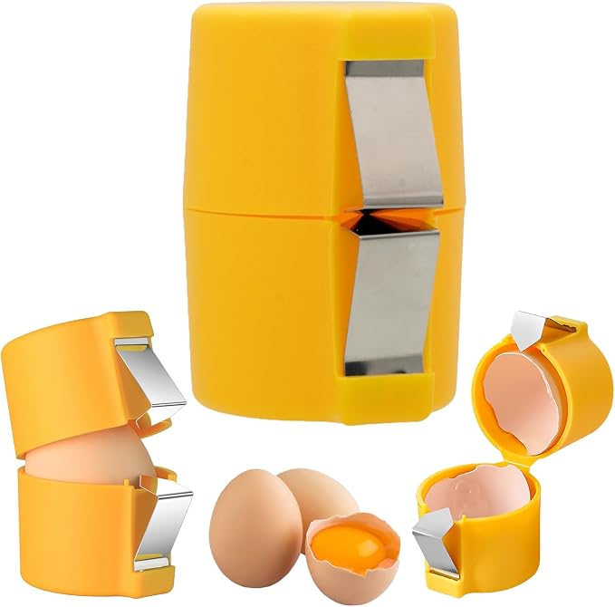 Actual XLUXEVOGUE yellow egg-cracker tool, shown closed, open and with eggs