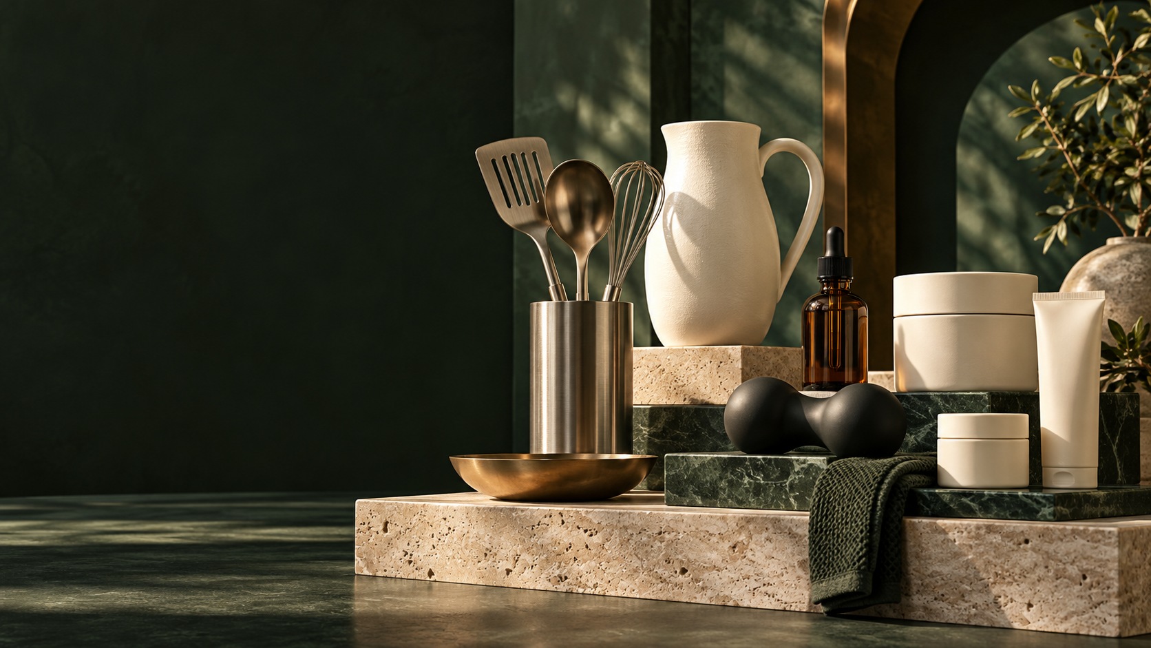Illustrative editorial still life of kitchen, beauty and wellness goods on sculptural stone plinths